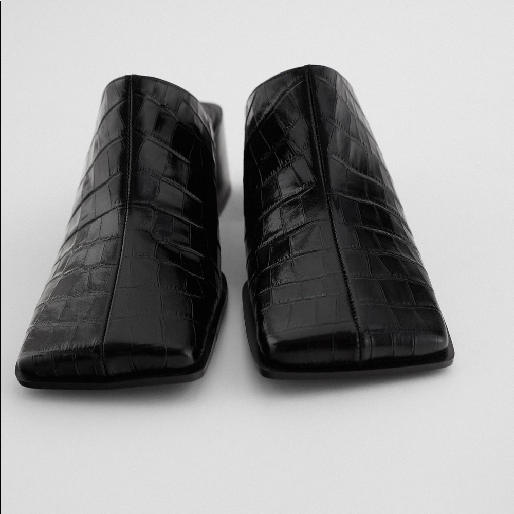 Zara Black Animal Croc Effect Genuine Leather Square Toe Block Heel Slides Mules - Picture 2 of 6